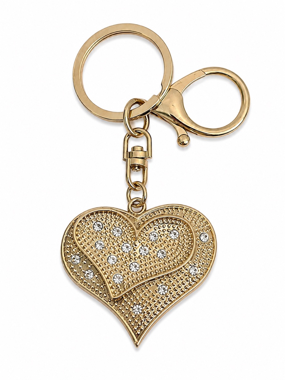 Gold Rhinestone Double Heart Keychain Bag Charm Purse Clip EUC